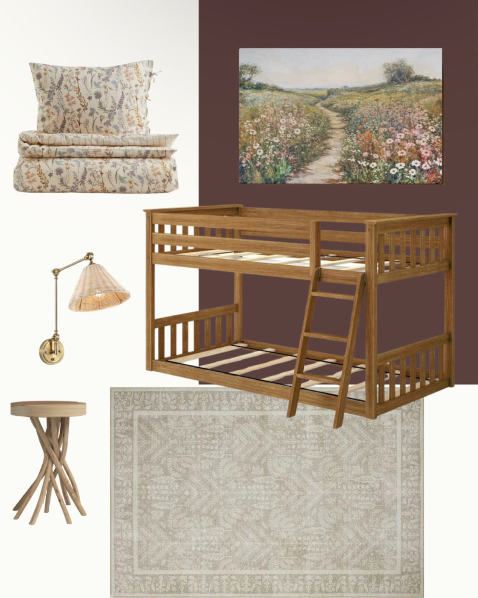 Little girls bunk room with a nature theme. Mauve purple wall color. Light neutrals and warm woods with floral nature accents. 

#LTKhome #LTKkids