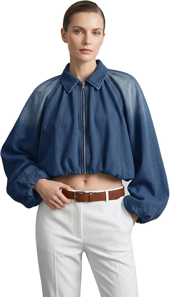 Women's Cropped Denim Bomber Jacket Collared Zip Up Balloon Sleeve Loose Fit Coat | Amazon (US)