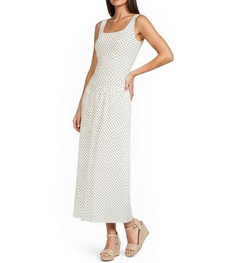 Dotted Linen Blend Square Neck Sleeveless Drop Waist Maxi Dress | Dillard's