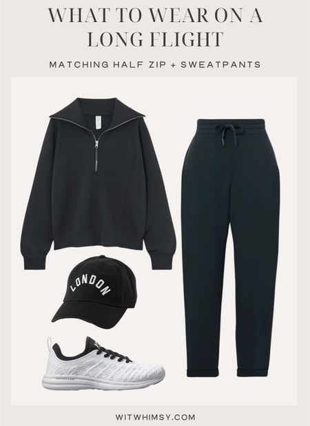 What to wear on a long flight - matching Spanx quarter zip and sweatpants, ball cap, and sneakers 

#LTKstyletip #LTKtravel