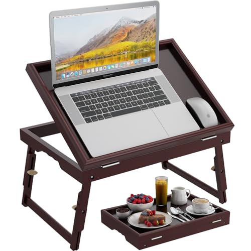 Bamboo Adjustable & Foldable Bed Tray Table with Ergonomic Handle, 17x12in Breakfast Tray for Eating, Laptop Desk, Sofa Snacking, Non-Slip Surface (Mahogany) | Amazon (US)
