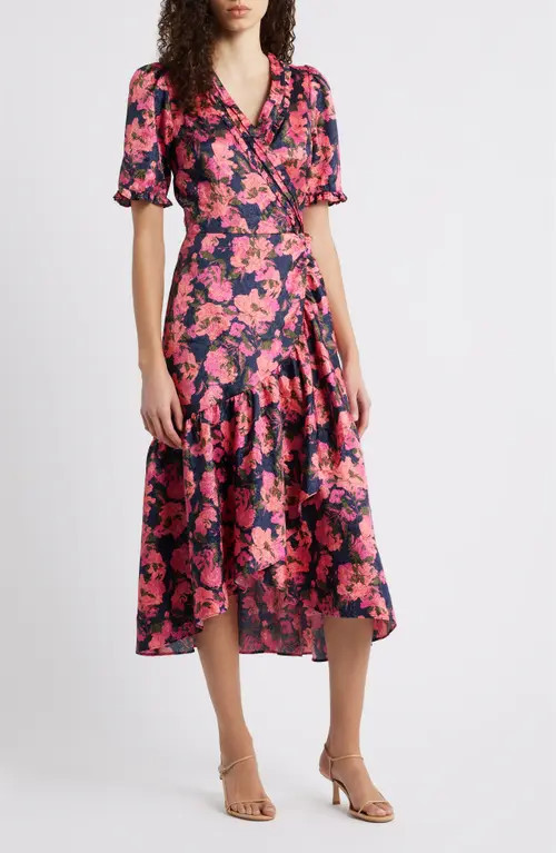 caslon(r) Floral Satin Jacquard Faux Wrap Dress in Navy Still Lola Rose at Nordstrom, Size Xx-Large | Nordstrom