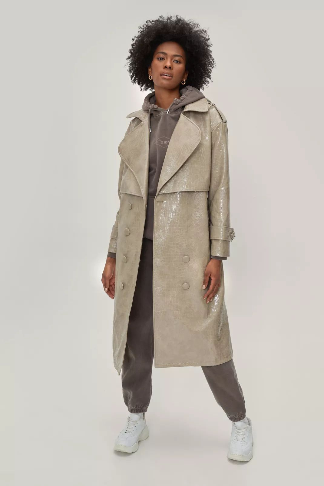Faux Leather Croc Embossed Belted Trench Coat | Nasty Gal (US)