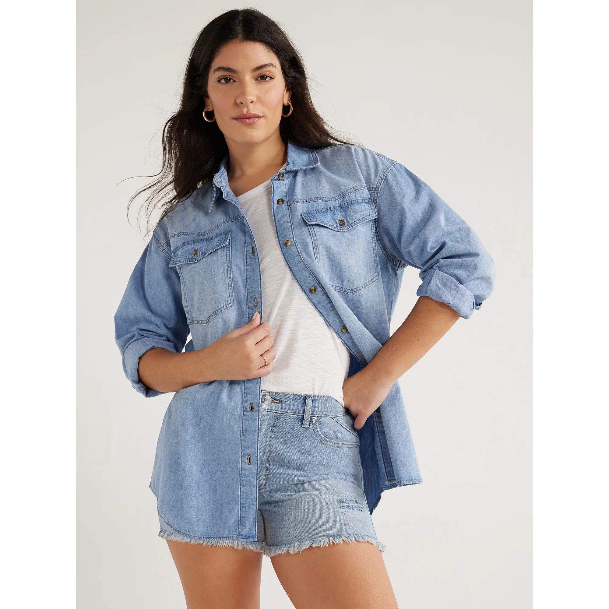 Sofia Jeans Women's and Women's Plus Oversized Boyfriend Shirt with Long Sleeves, Sizes XXS-5X | Walmart (US)