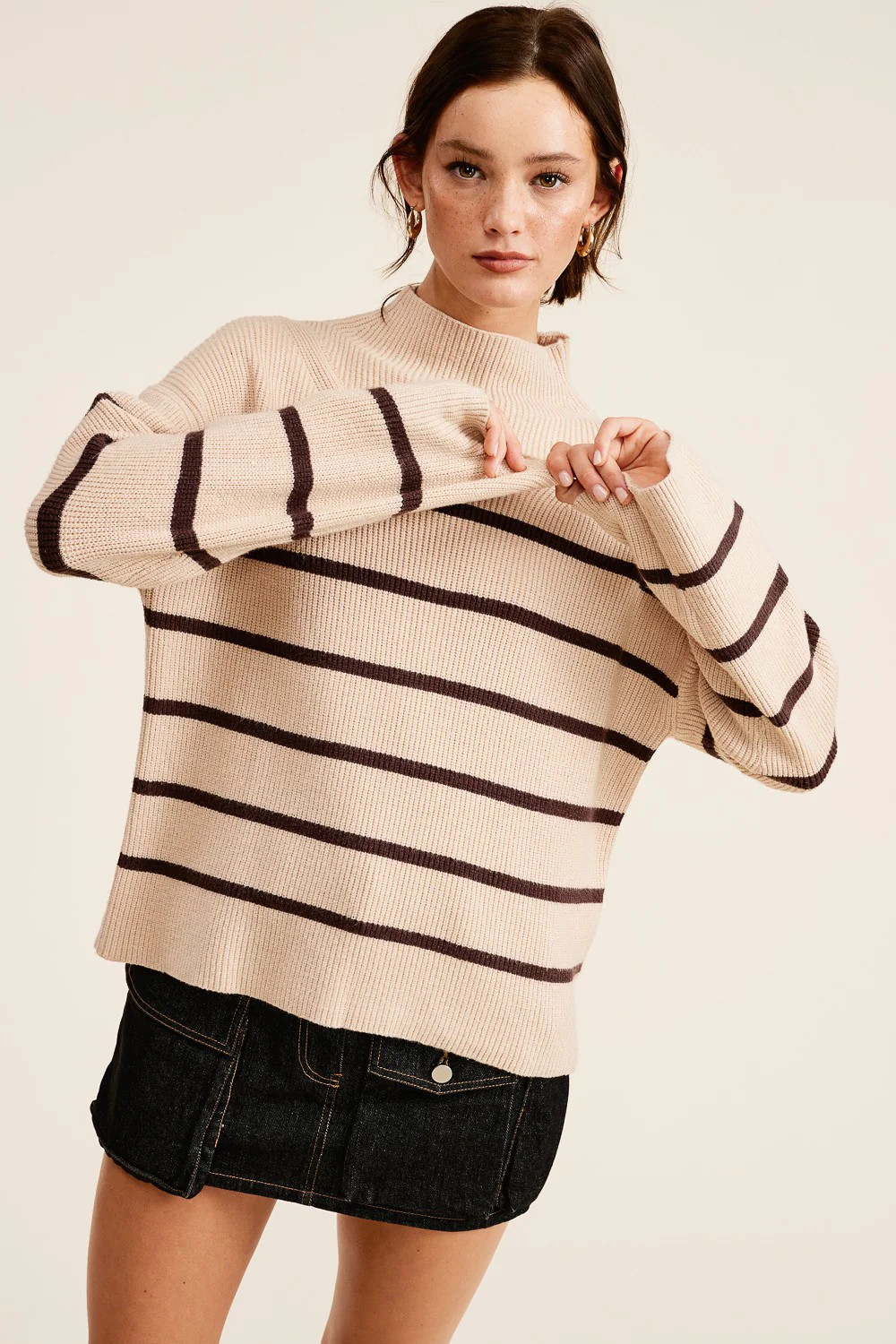 Beige Striped Mock Neck Sweater | PinkBlush Maternity