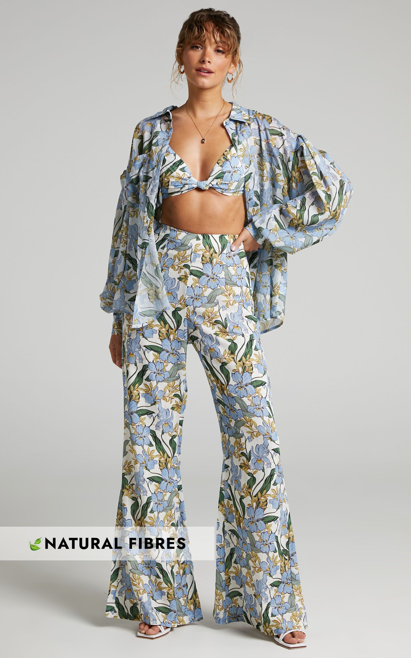 Amalie The Label - High Waisted  Laria Kick Out Flared Leg Pants in Iris Floral | Showpo (ANZ)