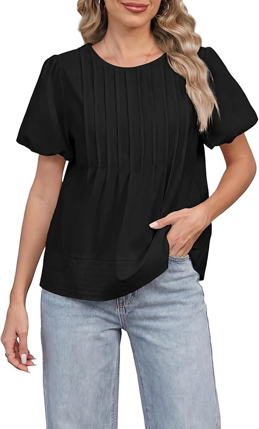 Funlingo Womens Puff Sleeve Babydoll Tops Summer Crew Neck Pleated Blouses Casual Loose Fit Flowy... | Amazon (US)