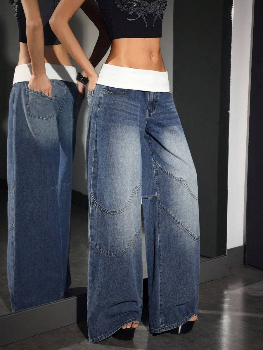 Women's Loose Casual Denim Wide Leg Low Waist Pants With Pockets | SHEIN