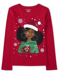 Girls Long Sleeve Christmas Hot Cocoa Graphic Tee | The Children's Place  - RUBY | The Children's Place