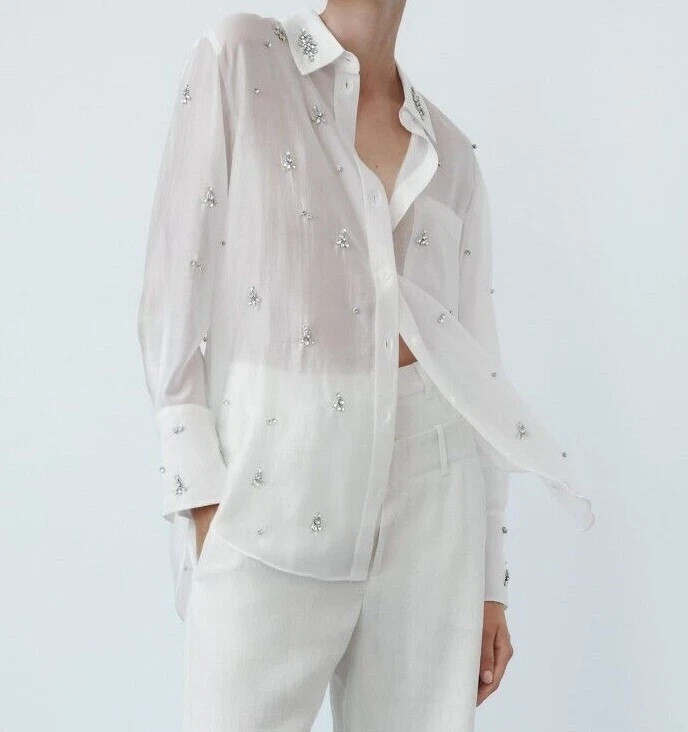 ZARA WOMAN SEMI-SHEER EMBROIDERED RHINESTONE SHIRT OYSTER WHITE 4786/271 NEW  | eBay | eBay US