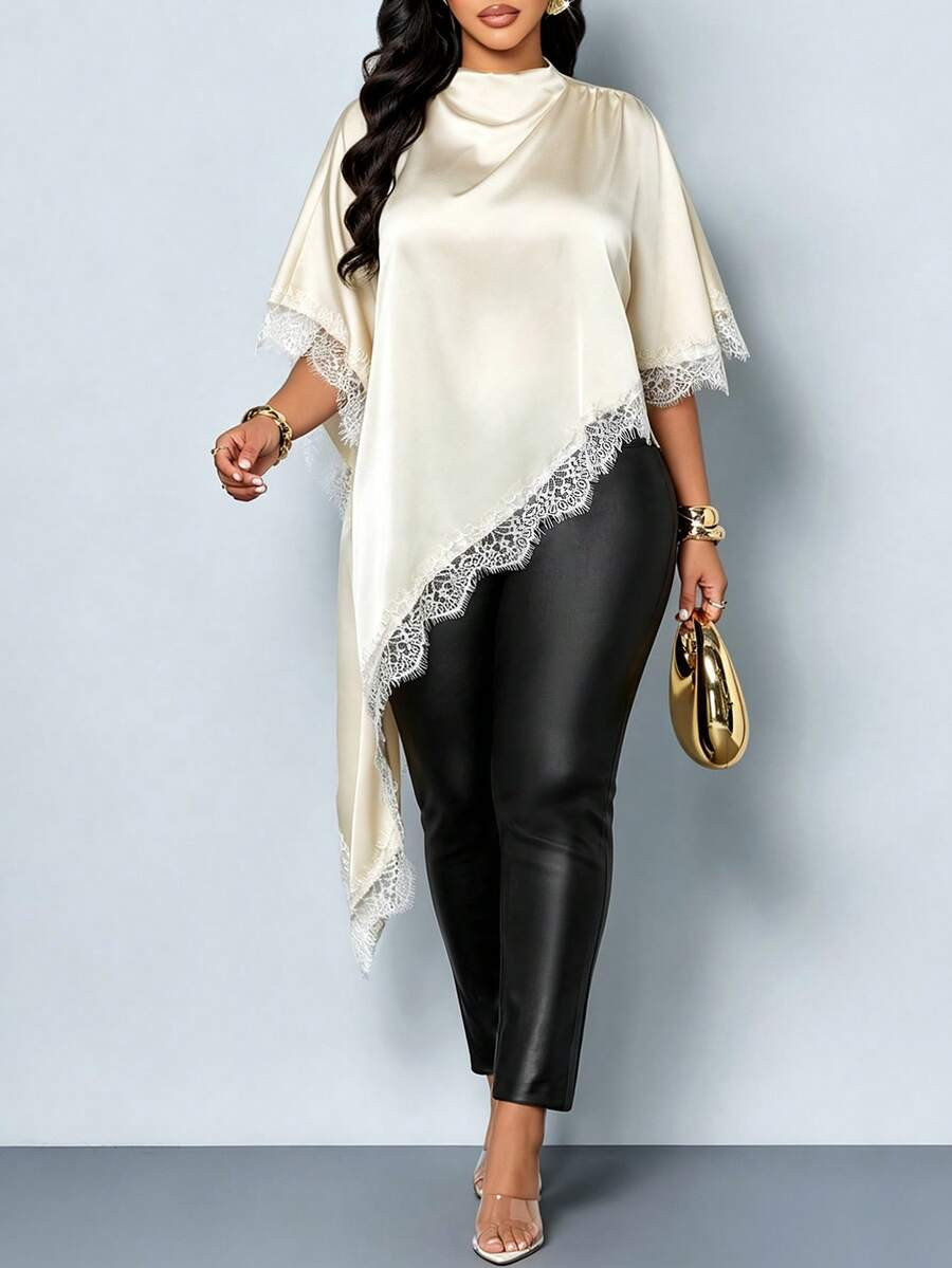 SOLERSUN Plus Size Women's Satin Lace Trim Asymmetric Blouse, Suitable For Dinner Parties And Sho... | SHEIN
