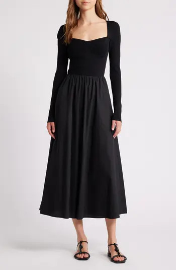 MOON RIVER Sweetheart Neck Long Sleeves Mixed Media Dress | Nordstrom | Nordstrom