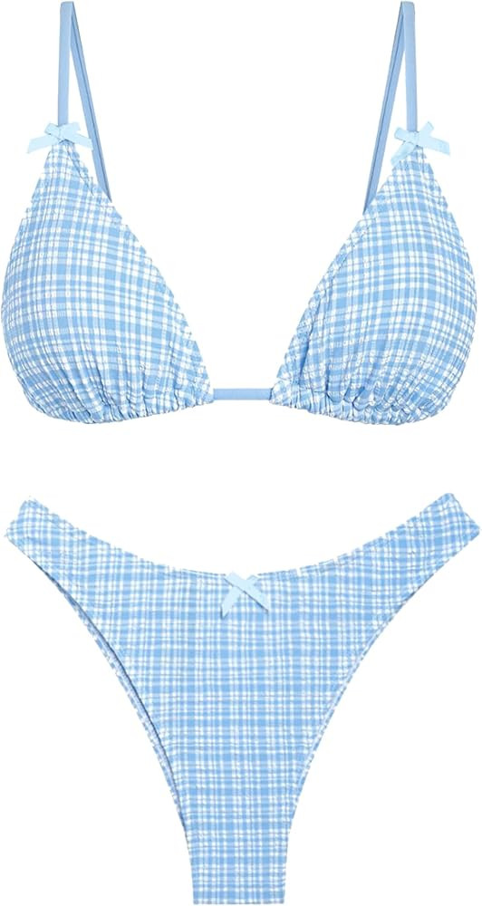 seamoly Women's Bikini Sets Tie Back Bowknot Two Piece Swimsuits Triangle Thong Bathing Suit Ging... | Amazon (US)
