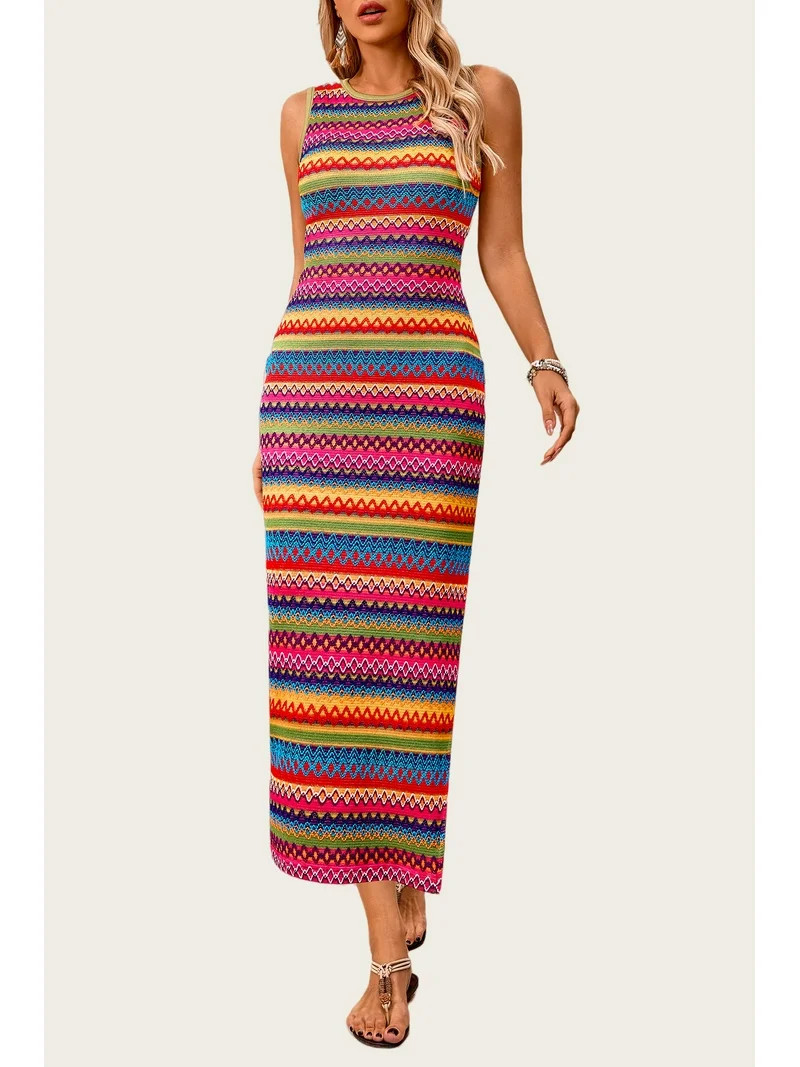 PRETTYGARDEN Womens Summer Sleeveless Tank Dress Crew Neck Striped Side Slit Bodycon Casual Maxi ... | Walmart (US)