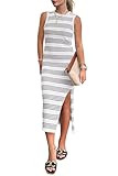 PRETTYGARDEN Women's 2025 Summer Dresses Casual Sleeveless Hollow Out Knit Side Slit Striped Midi... | Amazon (US)