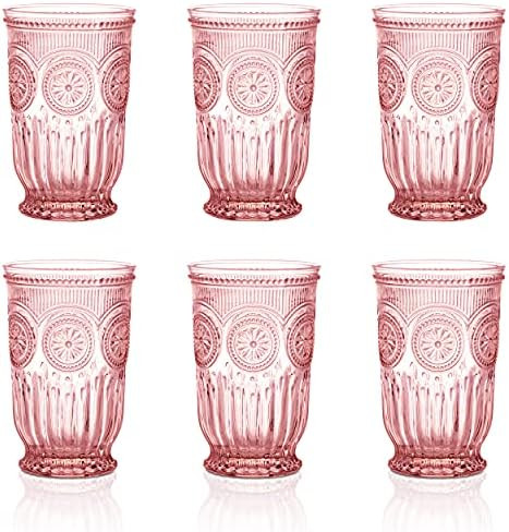 Pink Glassware set of 6 vintage drinking glasses, Dishwasher safe colored glassware with matching pi | Amazon (US)