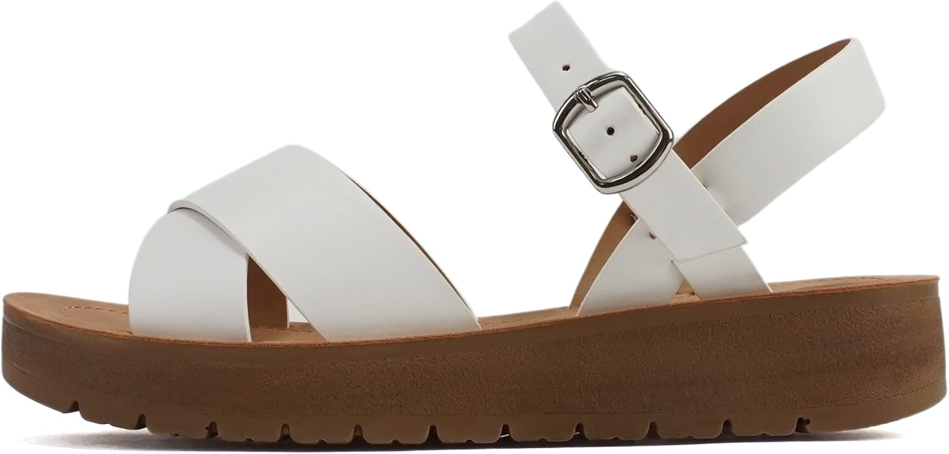 Soda CHESTER ~ Women Flat Sandals Flatform Ankle Buckle Criss Cross Band Straps Sandals Shoes | Amazon (US)