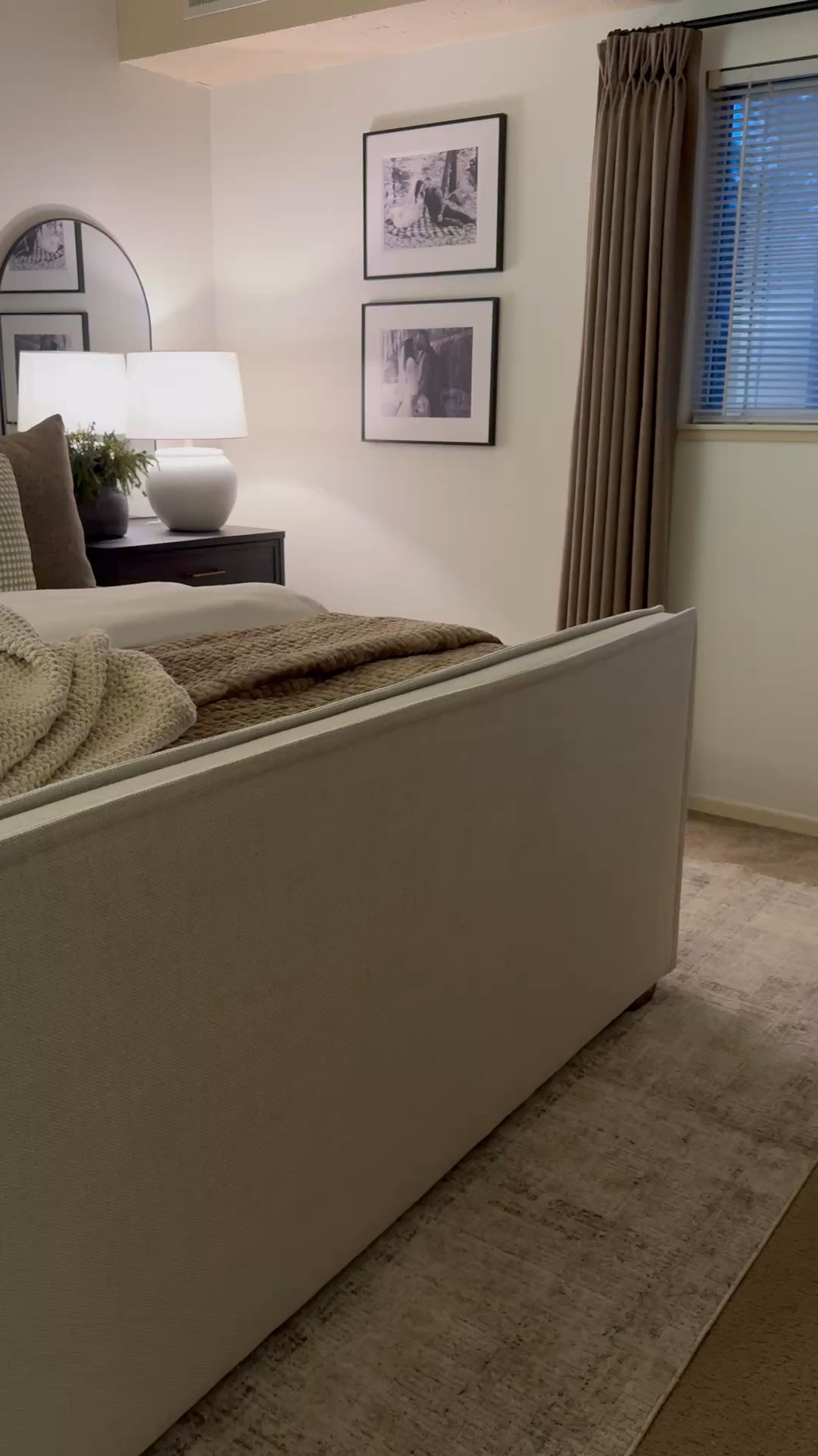 Christmas bedroom, winter decor, knit throw blanket, neutral throw blanket, brown velvet quilt, brown quilt, bamboo sheets, upholstered bed, sawyer bed, Loloi rug, plaid rug, brown curtains, two pages oak dim gray, black nightstands, gingham pillow covers 

#LTKHome #LTKCyberWeek #LTKHoliday