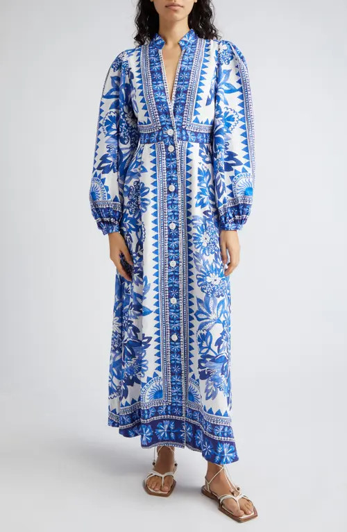 FARM Rio Flora Tapestry Long Sleeve Linen Blend Shirtdress at Nordstrom, Size X-Small | Nordstrom