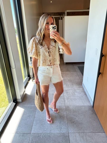 Wine tasting outfit! Free people tie front top, agolde Parker long white denim shorts, dolce vita sandals, kohls raffia shoulder bag. Summer outfit, date nite outfit, winery outfit, travel outfit 

#LTKStyleTip #LTKOver40 #LTKTravel