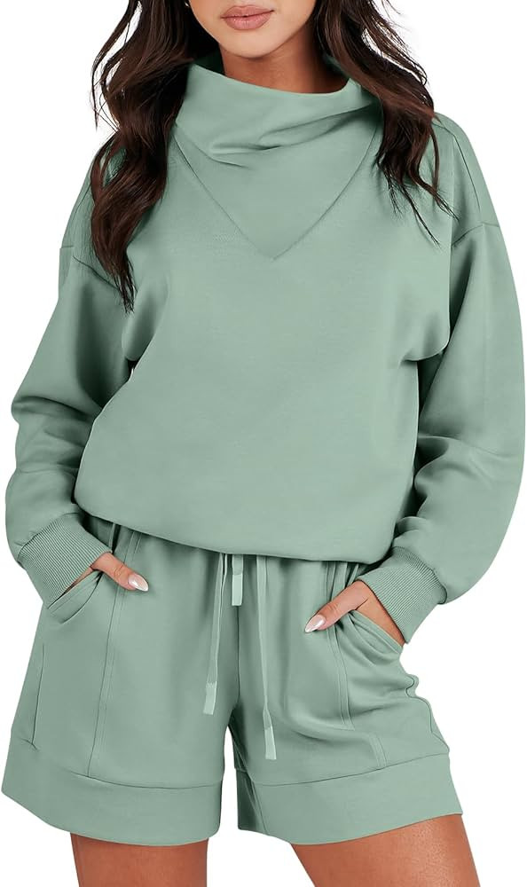 Caracilia Women 2 Piece Outfits Loose Sweatsuits Fashion Cowl Neck Sweatshirts & Shorts Set Loung... | Amazon (US)