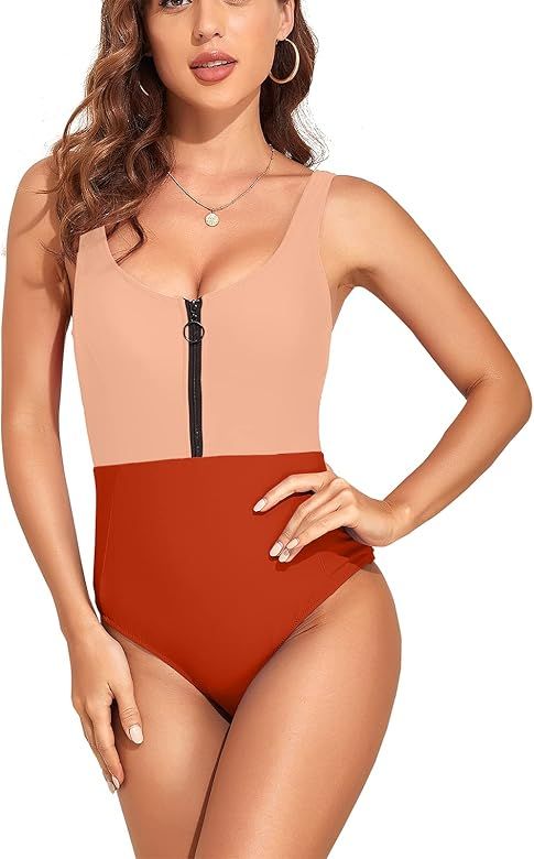 HyMeYou Women Sports One Piece Swimsuit Zipper High Waisted Tummy Control Bathing Suits High Cut Ath | Amazon (US)