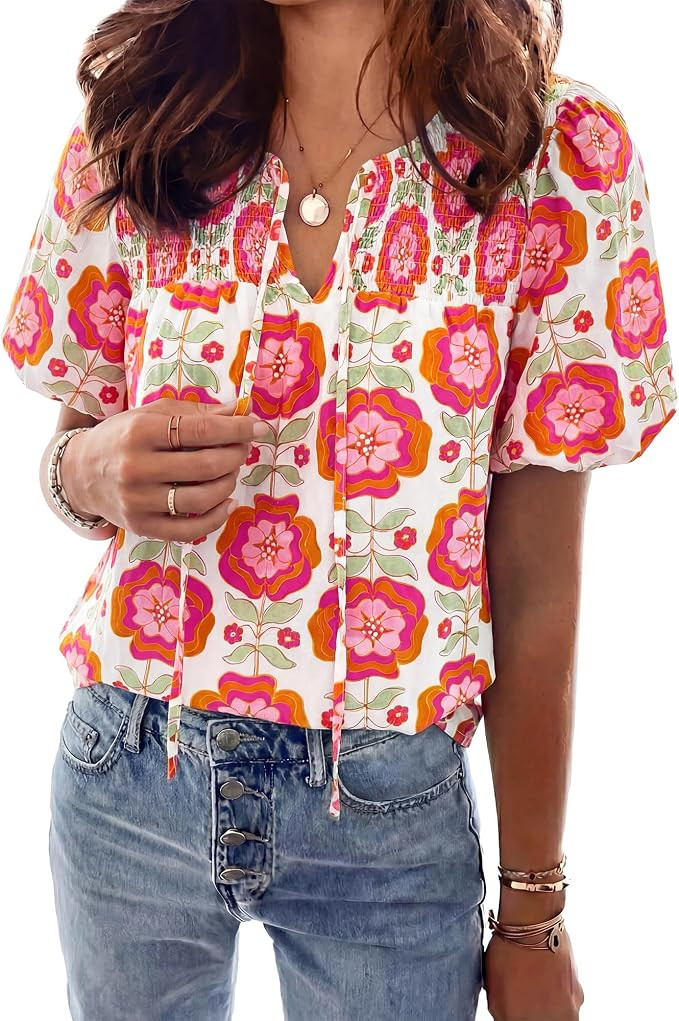 KIRUNDO Boho Tops for Women Summer 2026 Dressy Floral Blouse V Neck Drawstring Short Sleeve Shirt... | Amazon (US)