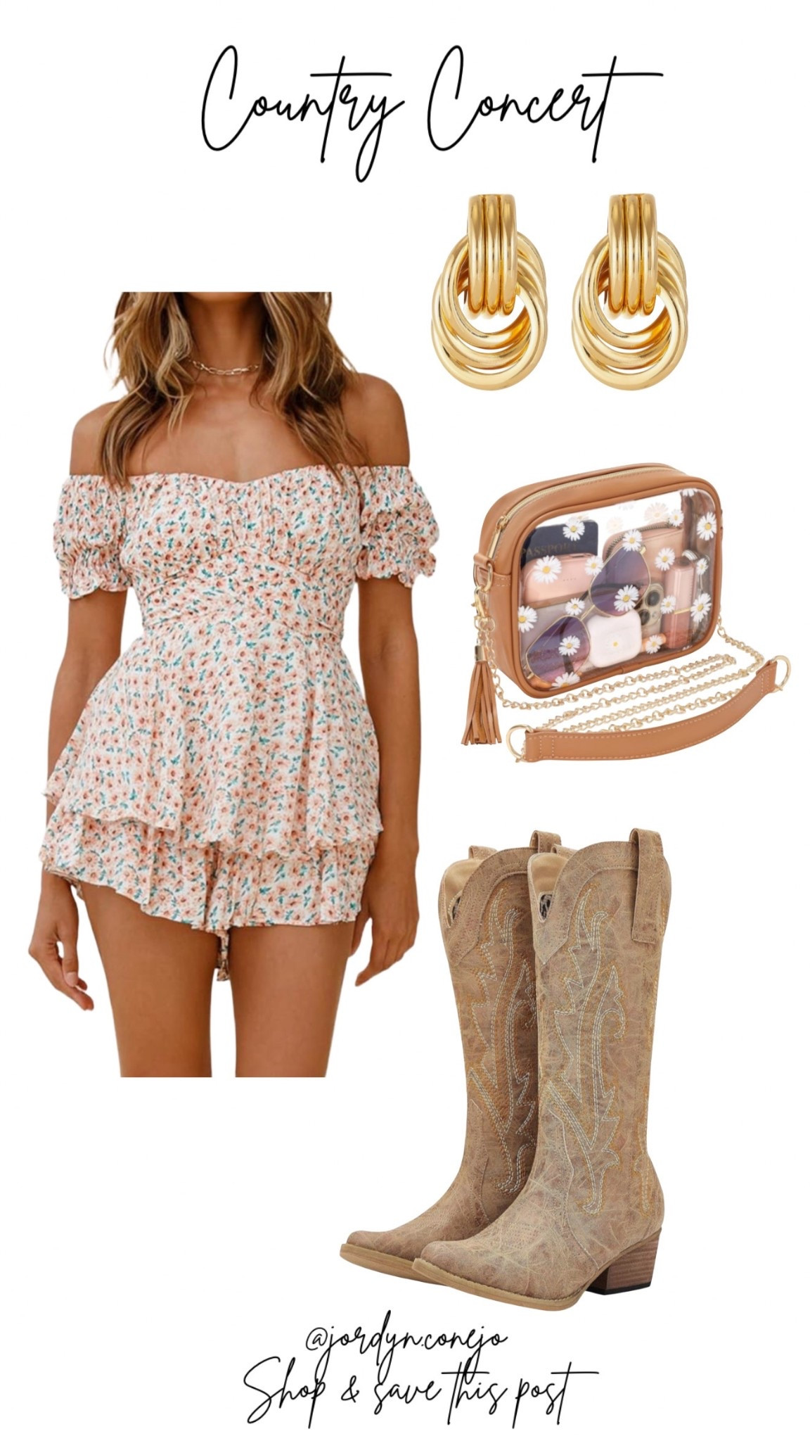 Country Concert Outfit- Romper- Cowboy Boots- Concert approved purse- gold earrings- country concert outfit inspo 

#LTKShoeCrush #LTKMidsize #LTKStyleTip
