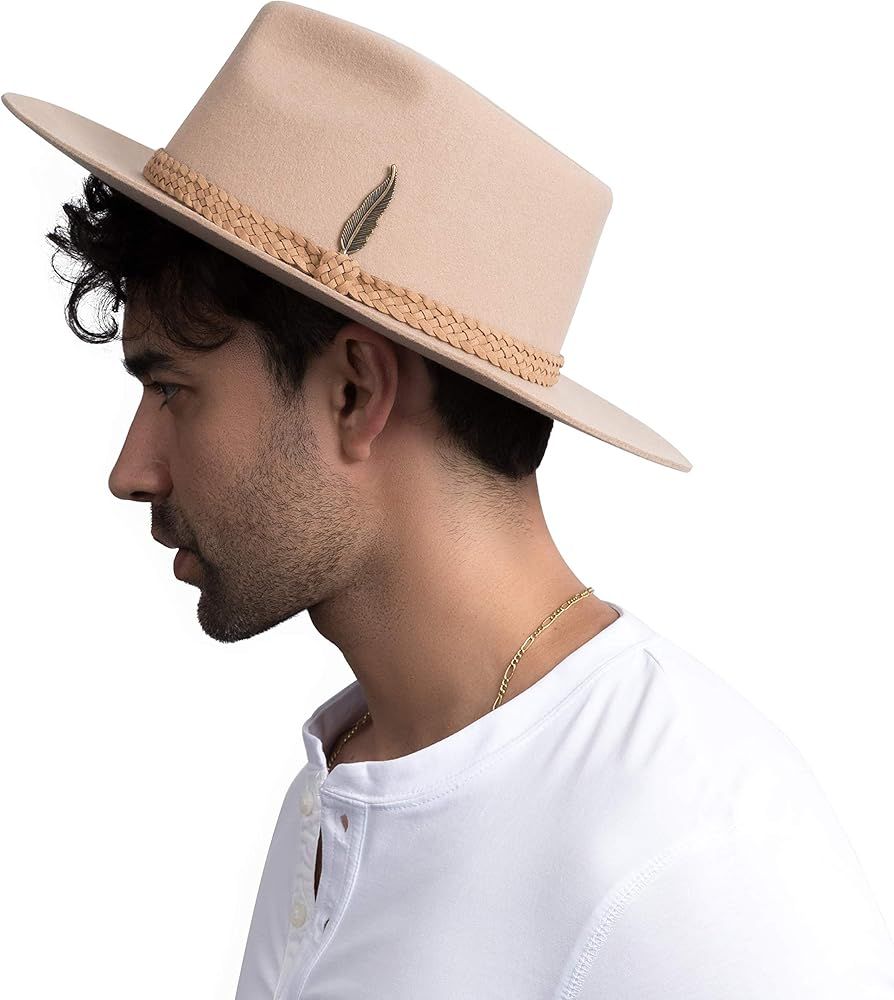 Fedora for Men Women 100% Wool Felt Outback Panama Hat Classic Band Wide Brim Adjustable | Amazon (US)