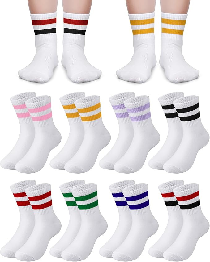 8 Pairs Kids Stripe Socks Cotton Crew Socks Colorful Retro Stripe Athletic Socks for School Kids | Amazon (US)