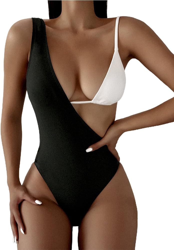 Hilinker Women's Colorblock 3 PCS Swimsuit Rib Triangle Bikini Set with One Shoulder Swimwear | Amazon (US)