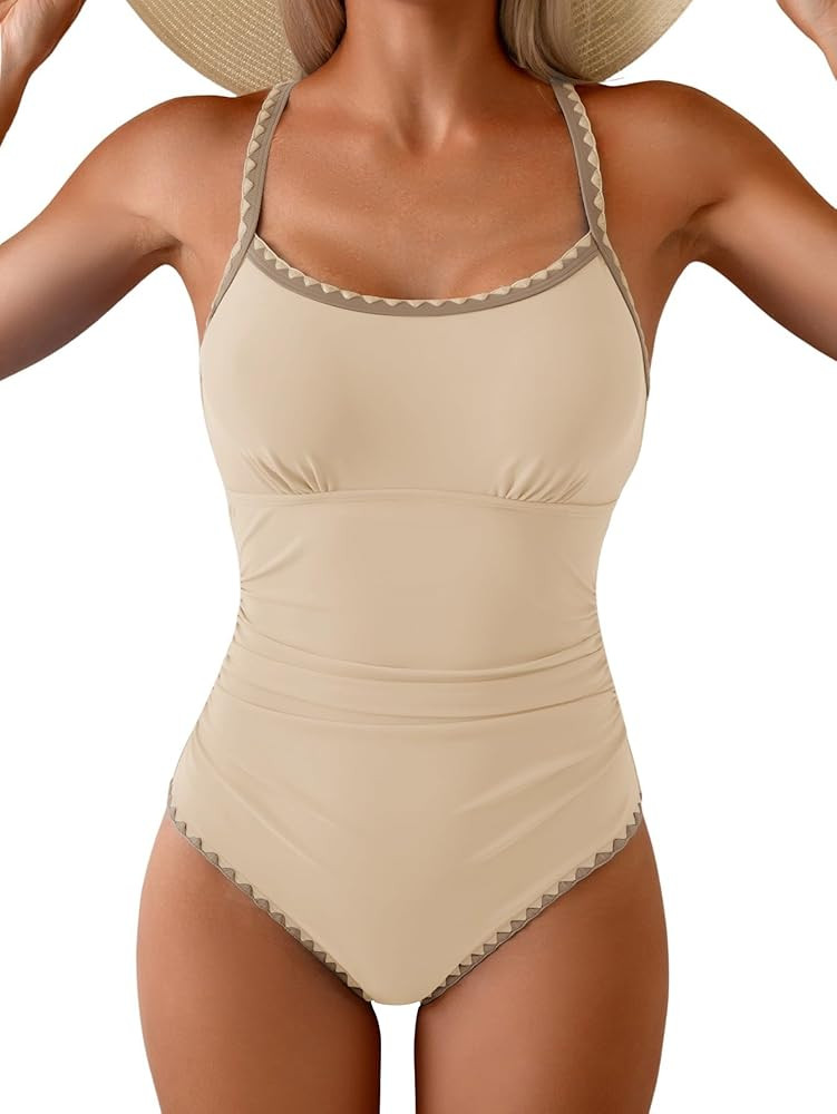 Eomenie Women's One Piece Swimsuit Tummy Control Slimming Bathing Suit Ruched Swimwear Tie Back S... | Amazon (US)