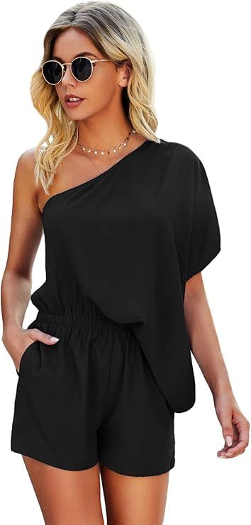 SheIn Women's One Shoulder Batwing Short Sleeve Romper High Waist Short Jumpsuit | Amazon (US)