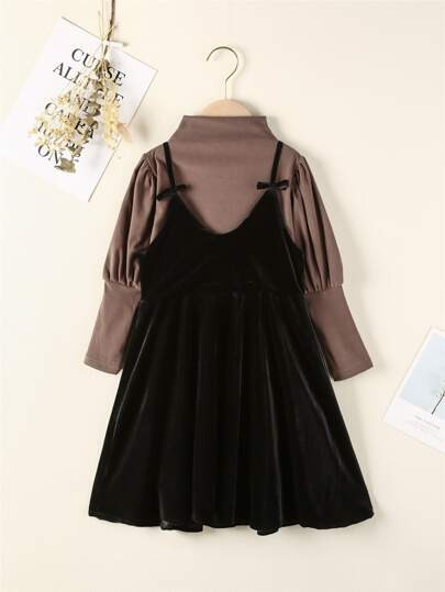 Girls Mock Neck Gigot Sleeve Top & Velvet Cami Dress | SHEIN