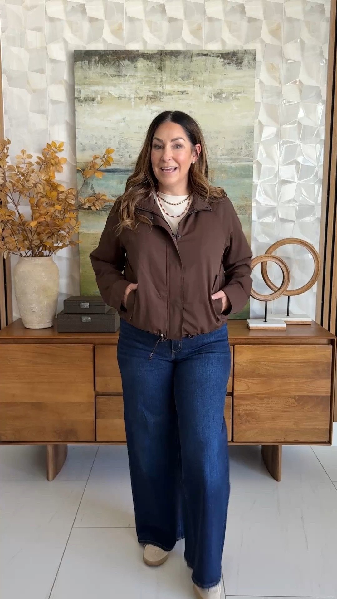 This fall lightweight chocolate brown Collins Long Sleeve Raglan Bomber from Evereve is the perfect layer for fall.  #falljacket #fallfashion #outwerwear
📏Wearing Jacket tts, L | tee, L | Jeans, 31

#LTKSeasonal #LTKOver40 #LTKMidsize