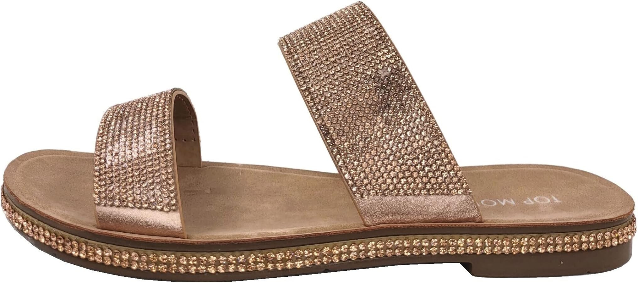 TOP Moda Women's Double Strap Rhinestone Open Toe Flat Slide Slip On Sandals | Amazon (US)