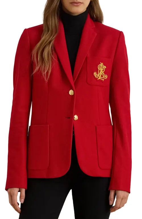 Lauren Ralph Lauren Bullion Jacquard Logo Patch Cotton Blend Blazer in Ralph Red at Nordstrom, Size Mediump | Nordstrom