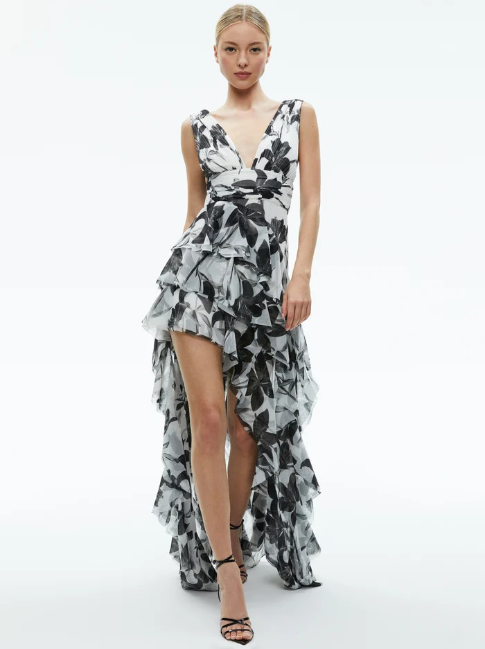 HOLLY LOW NECK ASYMMETRIC RUFFLED MAXI DRESS | Alice + Olivia