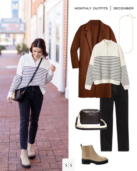 Monthly outfit planner : DECEMBER looks IRL vs graphic | #coatigan #pullover #stripesweater #straightjean #blackjean #lugboot #winteroutfit #casualstyle | See entire calendar on thesarahstories.com ✨ 

#LTKstyletip
