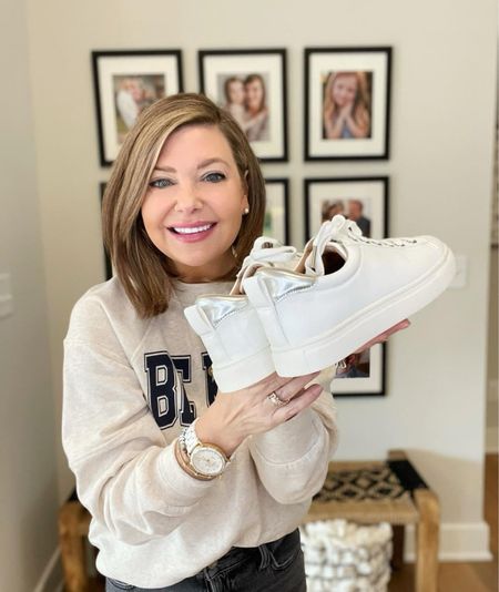 My white sneakers are just $21 right now! 🙌
They have a cute, metallic back patch, other than that they are plain white!True to size! VERY Comfy 

Xo, Brooke

#LTKGiftGuide #LTKFestival #LTKStyleTip