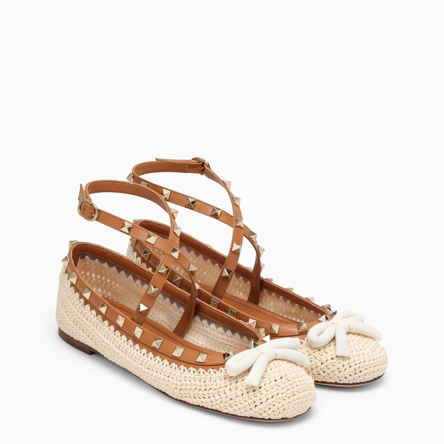 Beige Rockstud raffia and leather ballerina | The Double F