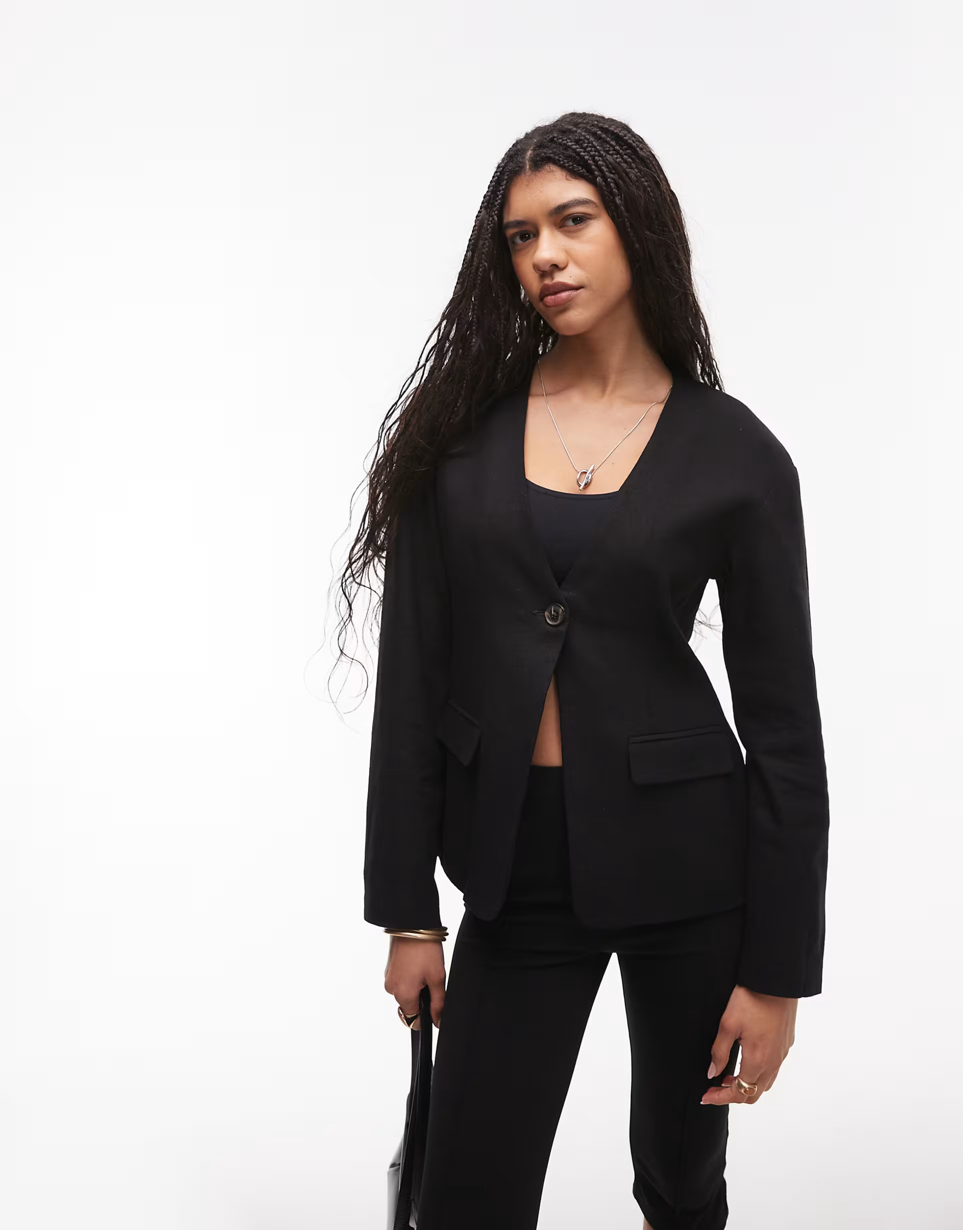 Topshop collarless linen ovoid sleeve blazer in black | ASOS (Global)