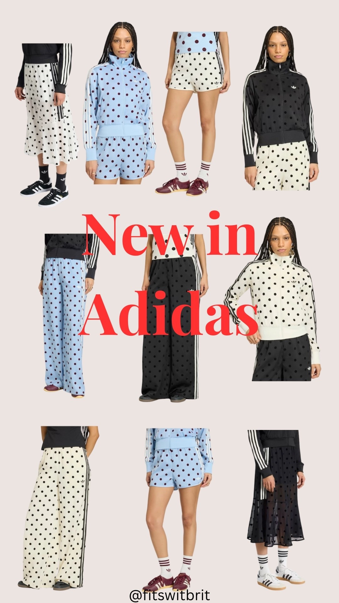 New in @adidas. Polka dot jacket, polka dot skirt, polka dot track pants, polka dot shorts. 

Definitely size up one or two sizes in the jackets!