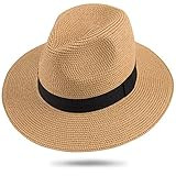 Maylisacc Womens Wide Brim Panama Sun Hat Large Packable Straw-Fedora Hats for Men Beach (Khaki FK) | Amazon (US)