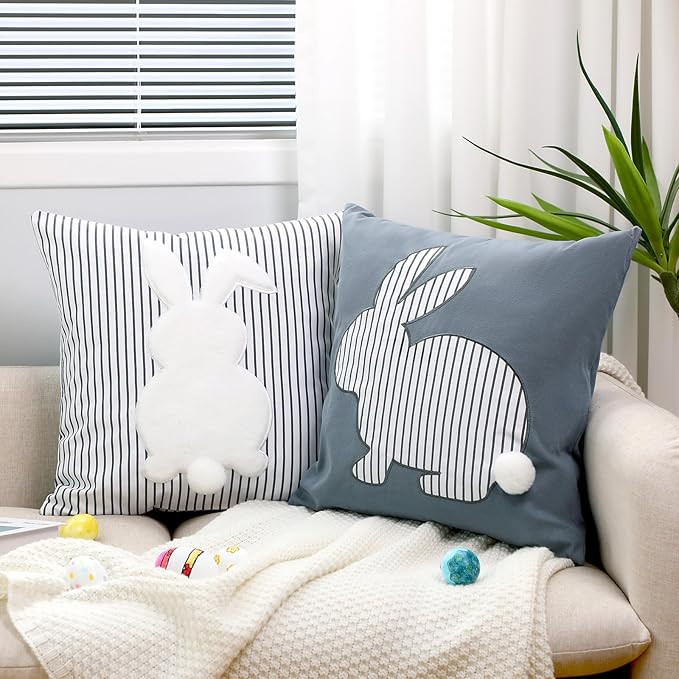 2 Pack Easter Pillow Covers 18x18 Bunny Pillow Covers Boho Easter Rabbit Decoration Spring Rustic... | Amazon (US)