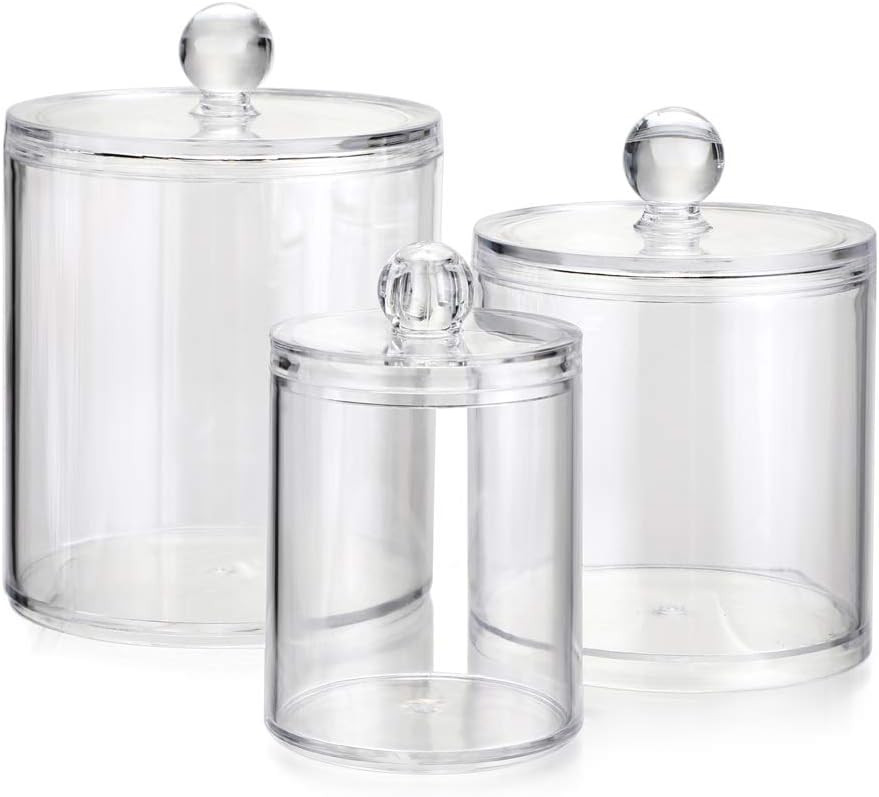 Hipiwe Set of 3 Cotton Ball and Swab Organizer with Lid - Apothecary Acrylic Jar Makeup Cotton Or... | Amazon (US)