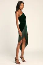 Fringe for Life Dark Green Velvet One-Shoulder Fringe Midi Dress | Lulus (US)