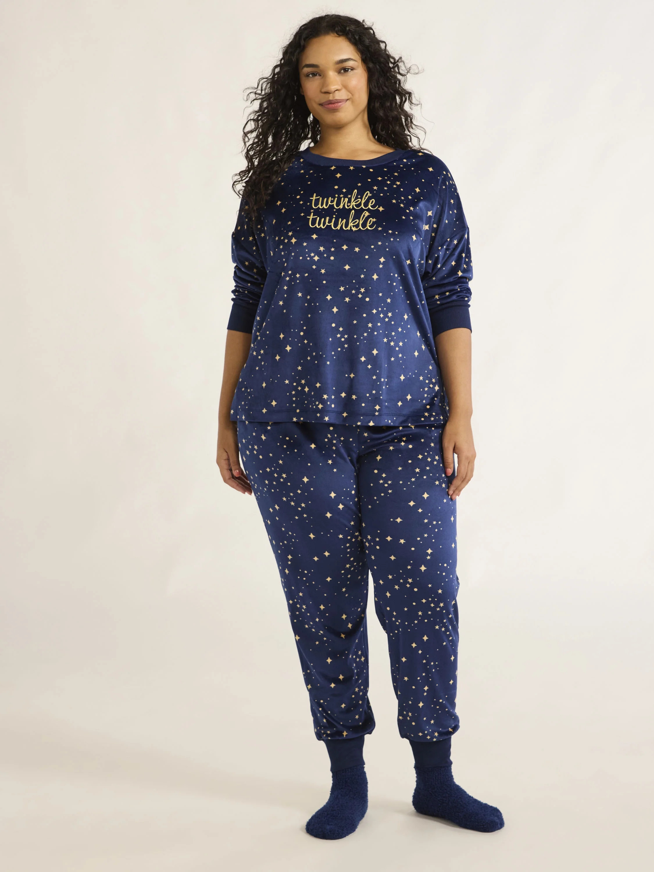 Joyspun Women's Stretch Velour Pajama Set with Socks, 3-Piece, Sizes XS-3X | Walmart (US)