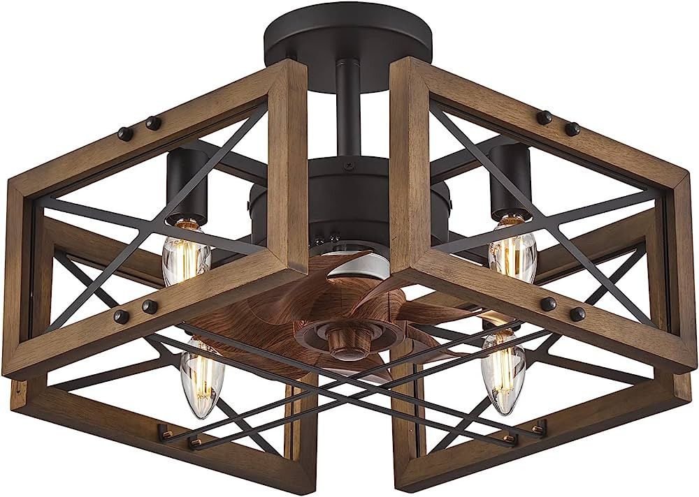 Farmhouse Ceiling Fans with Lights, Wood Flush Mount Ceiling Fan Lights with Remote Control,Caged... | Amazon (US)