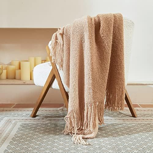 Amazon.com: ZonLi Textured Throw Blanket, 45” x 65”, Bulky Knit with Fringe Tassel, Splicing ... | Amazon (US)